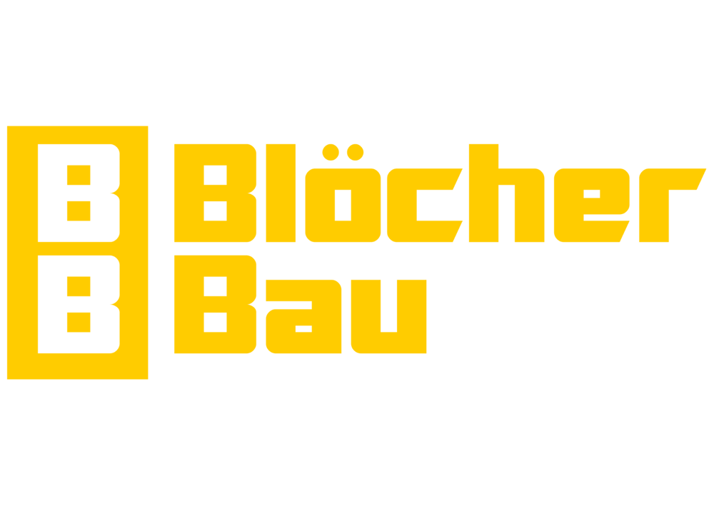 Gelbes "BB" Logo und "Blöcher Bau" Schriftzug auf grünem Hintergrund.