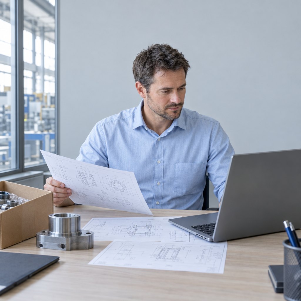 Technischer Mitarbeiter mit Zeichnung am Schreibtisch (KI-Motiv)