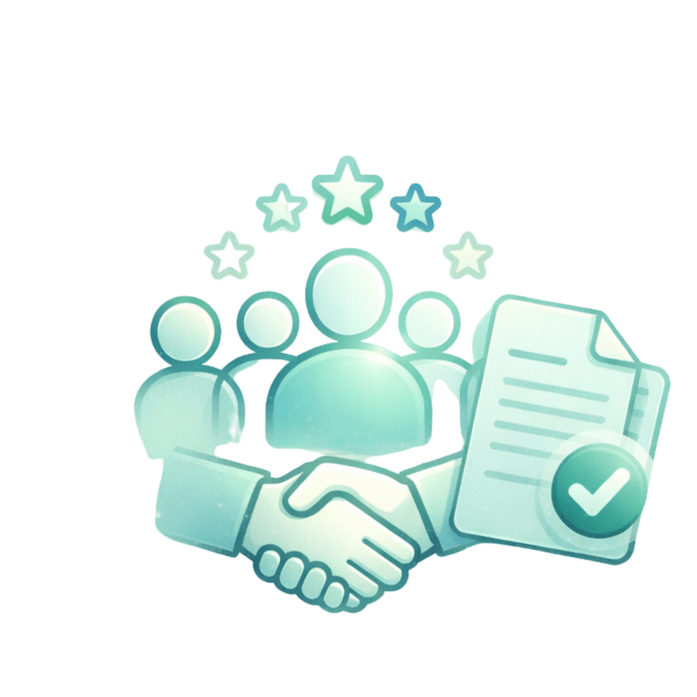 Händedruck, drei Personensymbole, Dokument mit Haken und fünf Sterne auf grünem Hintergrund.