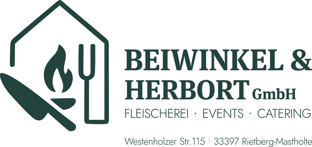 Logo "LANDFLEISCHEREI BEIWINKEL" mit stilisiertem Haus, Messer, Gabel und Flamme; darunter "FLEISCHEREI · EVENTS · CATERING".