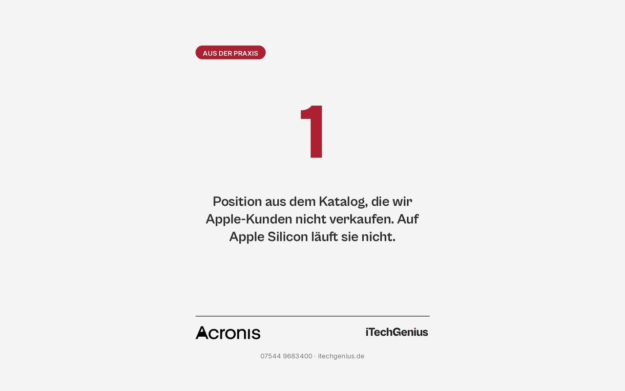 Grafik von iTechGenius mit großer Ziffer 1: Position aus dem Katalog, die wir Apple-Kunden nicht verkaufen