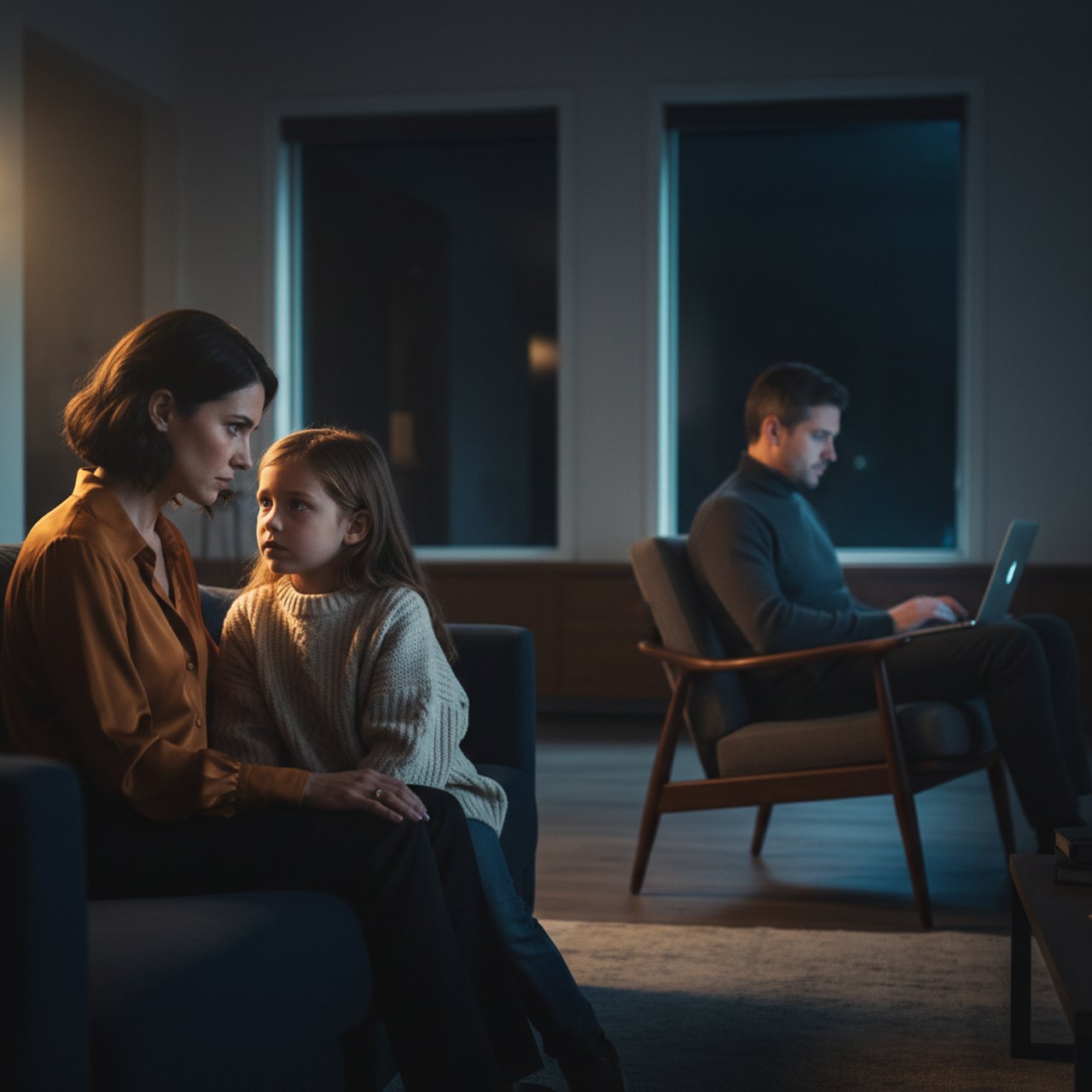 Familie am Abend im Wohnzimmer, jeder für sich, spürbare Distanz