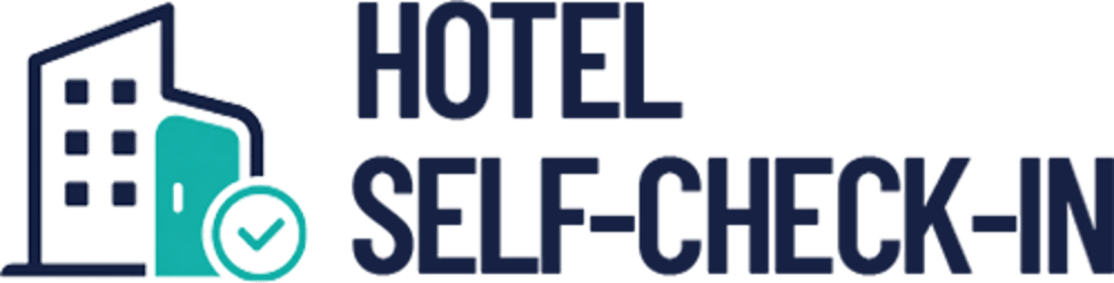 Hotelgebäude mit geöffneter Tür und Häkchen, Text: HOTEL SELF-CHECK-IN.