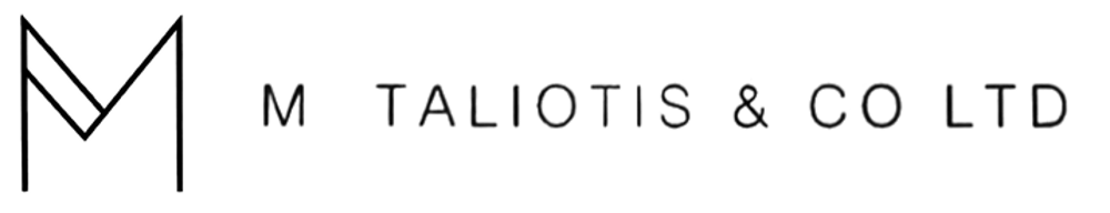 Black linear "M" logo with "M TALIOTIS & CO LTD" text on a dark green background.