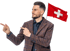 Mann mit verschränkten Armen vor blauer und pinker Form, daneben Kundeninformationen.