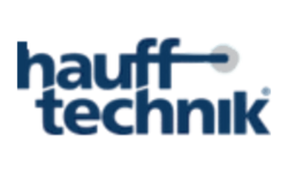 Hauff-Technik Logo: Blauer Text mit "hauff" oben und "technik" darunter, verbunden durch eine Linie mit Punkt.