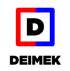 Ein rotes und blaues Quadrat mit einem schwarzen Buchstaben „D“ in der Mitte, darunter der Text „DEIMEK“.