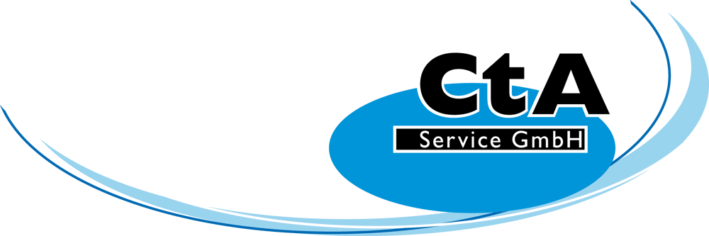 Logo der CtA Service GmbH mit blauem Oval und geschwungenen Linien auf schwarzem Hintergrund.
