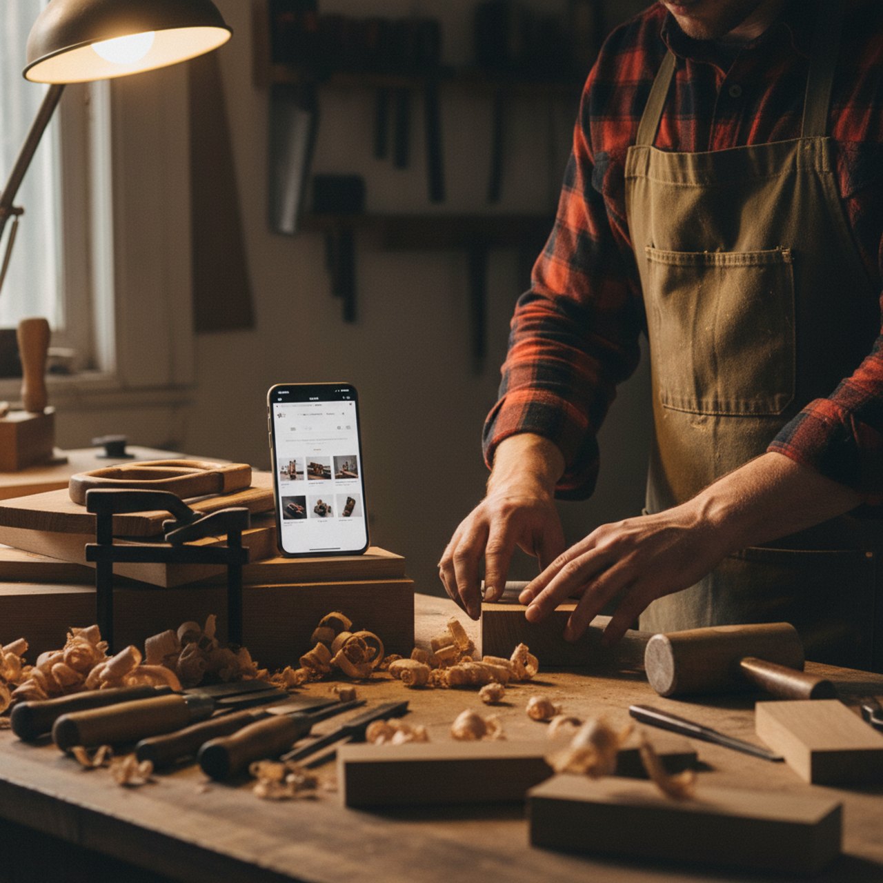 Werkbank eines Handwerksbetriebs mit Smartphone, das eine Webseite zeigt