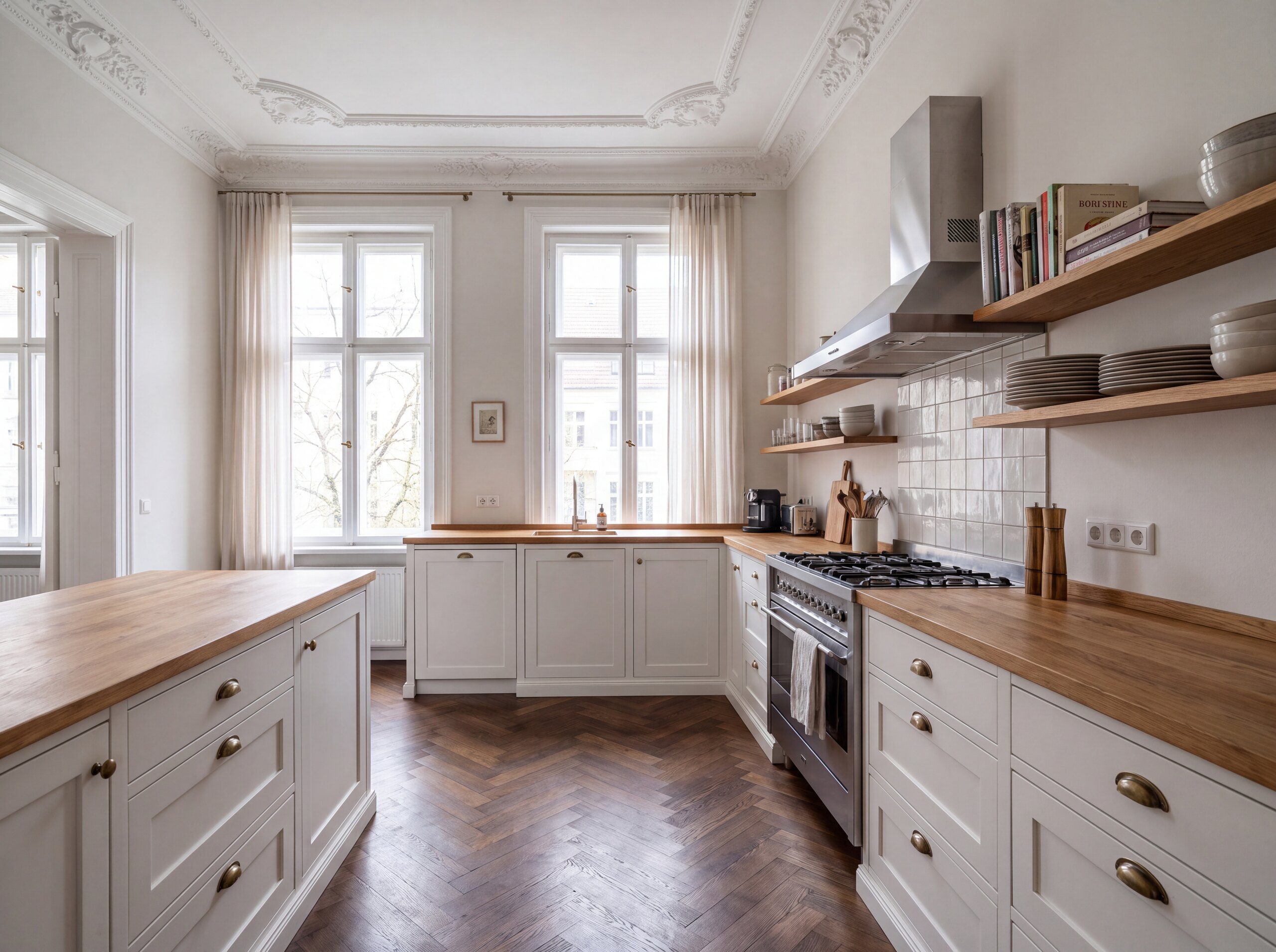 Weiße Landhausküche mit Eichenplatte im Altbau