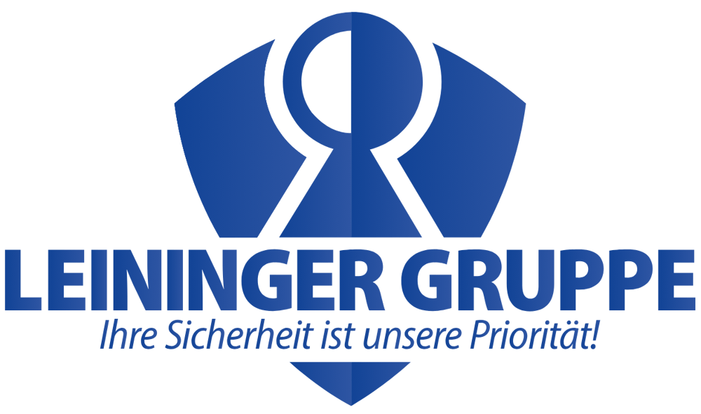 Leininger Gruppe Logo: Blaues Schlüsselloch-Symbol über "LEININGER GRUPPE", darunter "Ihre Sicherheit ist unsere Priorität!".