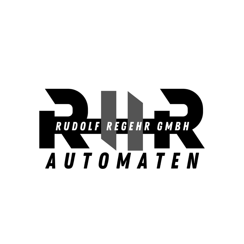Logo der Rudolf Regehr GmbH Automaten mit drei stilisierten Buchstaben R in Schwarz und Grau.