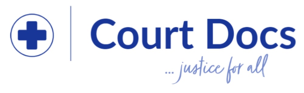 Court Docs logo with a blue cross icon and text "...justice for all".