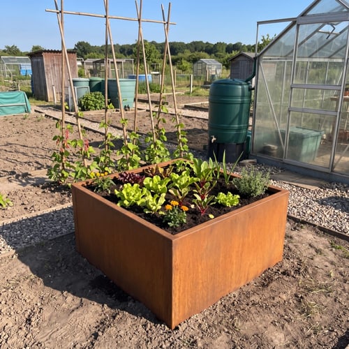 Hochbeet aus Cortenstahl im Gemüsegarten mit Rankgerüst und Gewächshaus