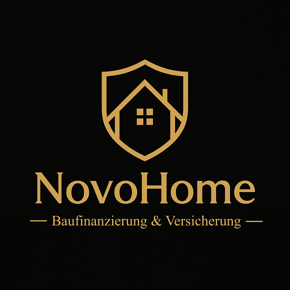 Goldenes NovoHome Logo mit Haus im Schild und Text "Baufinanzierung & Versicherung" auf schwarzem Hintergrund.