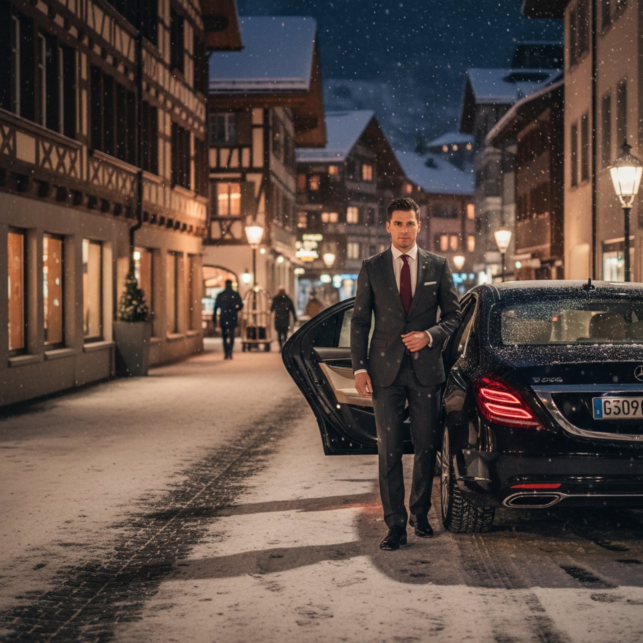 Chauffeur im Anzug öffnet die Fondtür einer schwarzen Mercedes-Limousine in einer winterlichen Strasse in Davos
