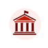 Rotes Icon eines Regierungsgebäudes mit Säulen und Flagge in einem weißen Kreis auf schwarzem Hintergrund - Software für Stabsarbeit - Notfall- und Krisenmanager (NKM®).