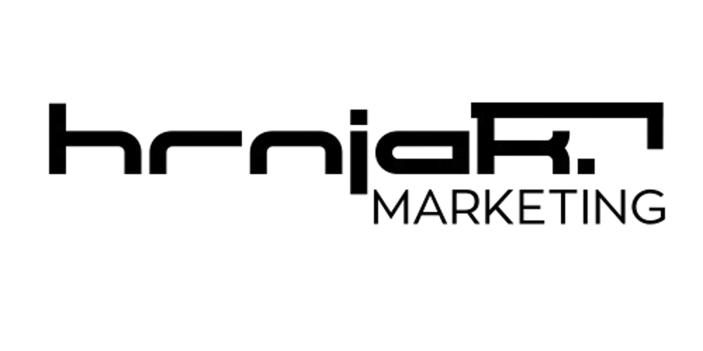 Logo mit dem Text "hrnjak. MARKETING" in Schwarz auf Dunkelgrün.