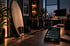 Smartphone mit Benachrichtigungen auf einem Schreibtisch im modernen Homeoffice mit Surfbrett und Stadtblick bei Dämmerung.