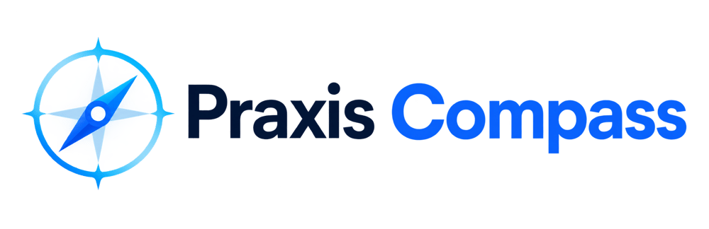 Praxis Compass Logo mit einem blau leuchtenden Kompass-Symbol auf schwarzem Hintergrund.