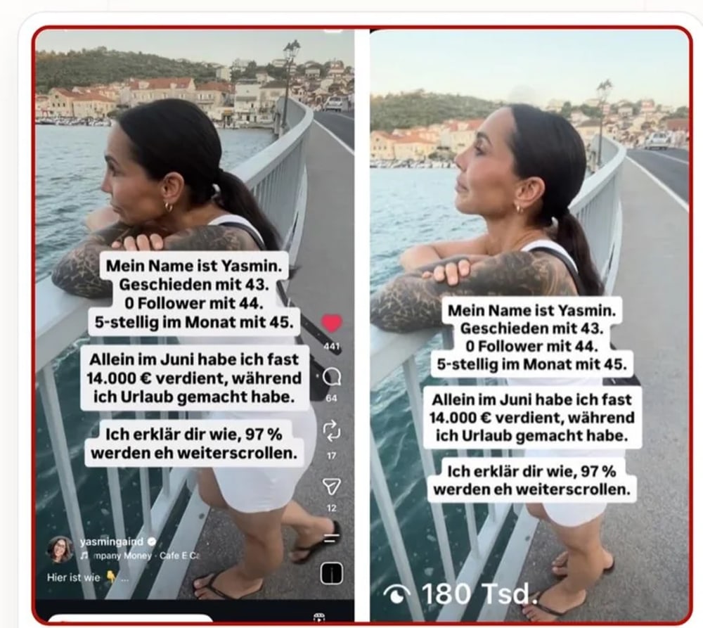 Testreel von Yasmin Gaind mit der Hook "Geschieden mit 43, 0 Follower mit 44" und 180.000 Aufrufen