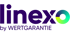 Linexo by Wertgarantie Logo mit lila Text und einem bunten "o" in Blau, Türkis und Grün.