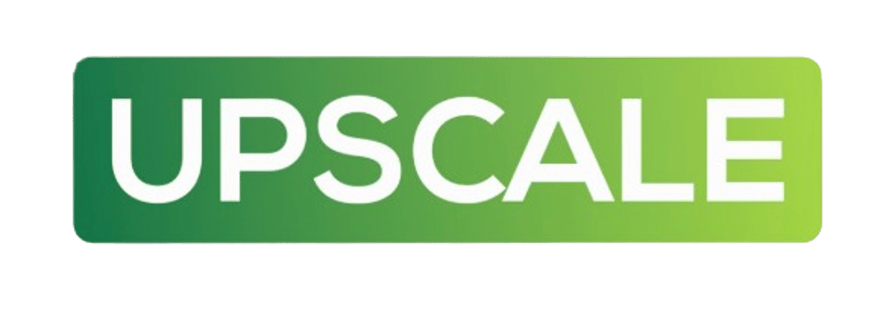 The word UPSCALE in white capital letters on a rounded green gradient rectangle.