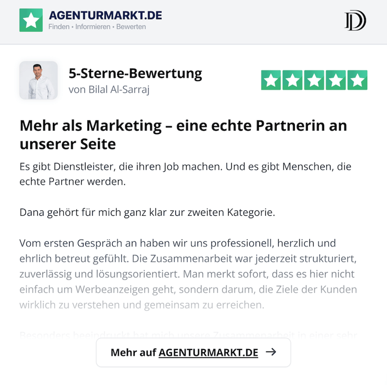 5-Sterne-Bewertung auf Agenturmarkt.de