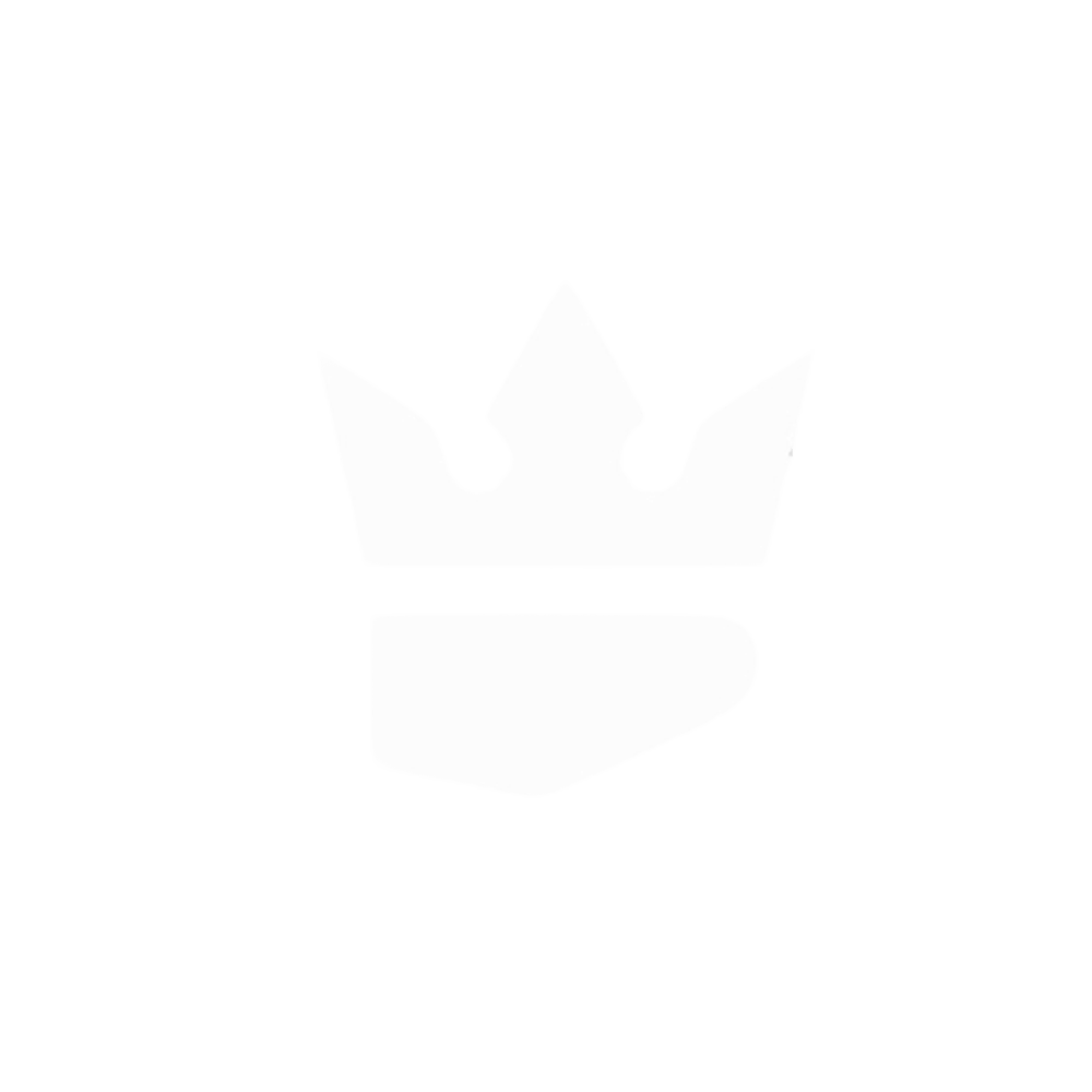 White stylized crown with three points on a dark green background.