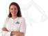 Lächelnde Frau in weißem Hemd mit BAUSANTEC-Logo vor schwarzem Hintergrund mit einer Silhouette in Schutzkleidung.