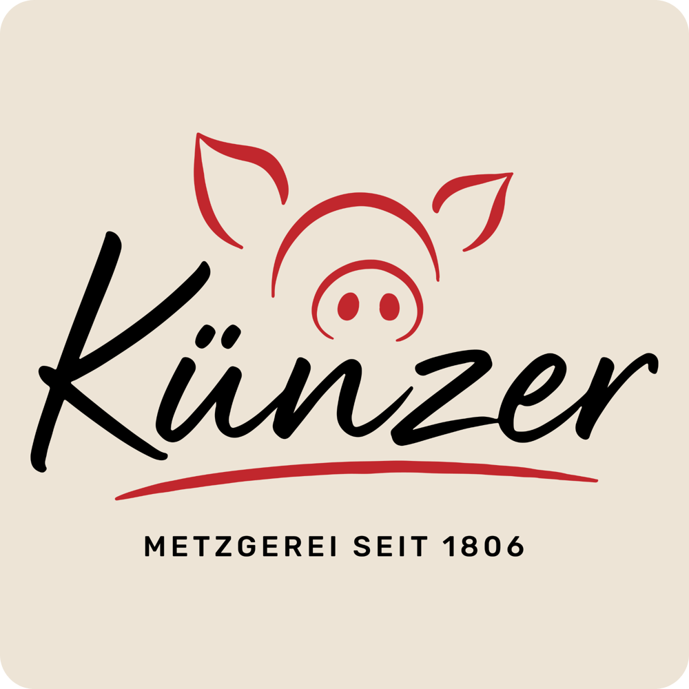 Logo der Metzgerei Künzer mit einem roten Schweinekopf-Umriss und dem Text „Metzgerei seit 1806“.