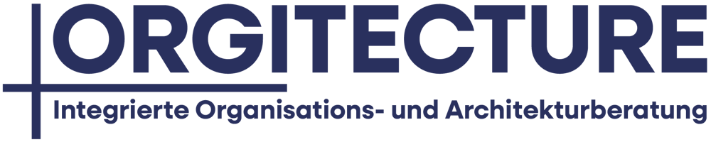 Orgitecture Logo mit Slogan "Integrierte Organisations- und Architekturberatung" in dunkelblauer Schrift.