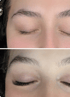 Nahaufnahme von geschlossenen Augen mit natürlichen Wimpern und buschigen Augenbrauen oben, und Wimpernverlängerungen unten.