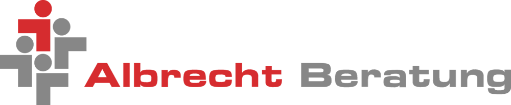 Albrecht Beratung Logo mit abstrakten roten und grauen Figuren auf schwarzem Hintergrund.