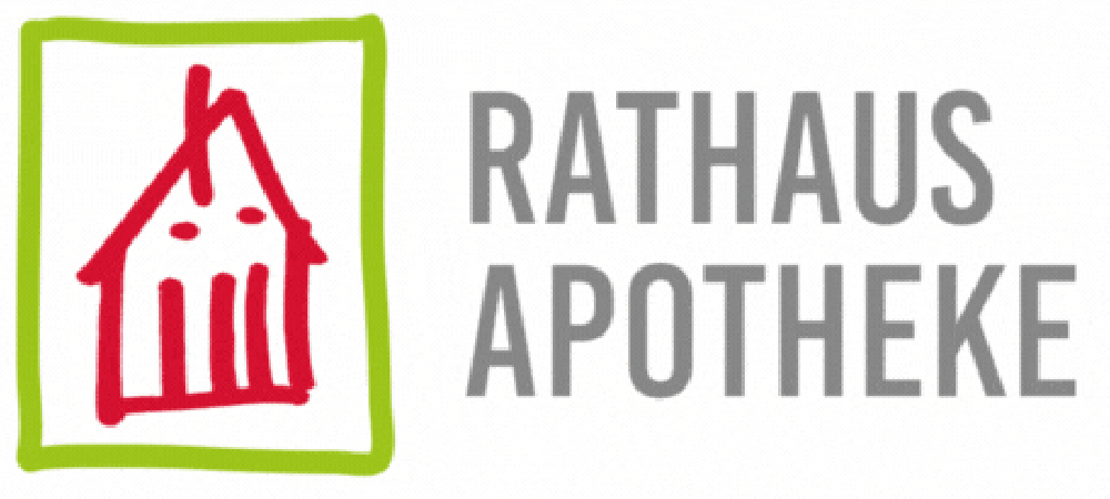 RATHAUS APOTHEKE Logo: Grüner Rahmen um ein rotes stilisiertes Haus mit Schornstein und drei Fenstern.