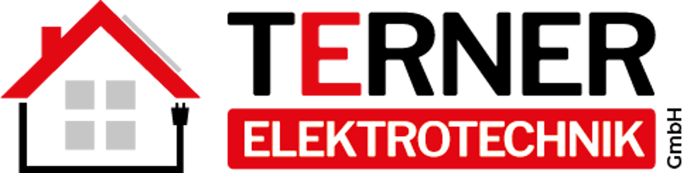 Logo Terner Elektrotechnik GmbH: Haus-Symbol mit rotem Dach, Text "TERNER" mit rotem "E", darunter "ELEKTROTECHNIK GmbH".