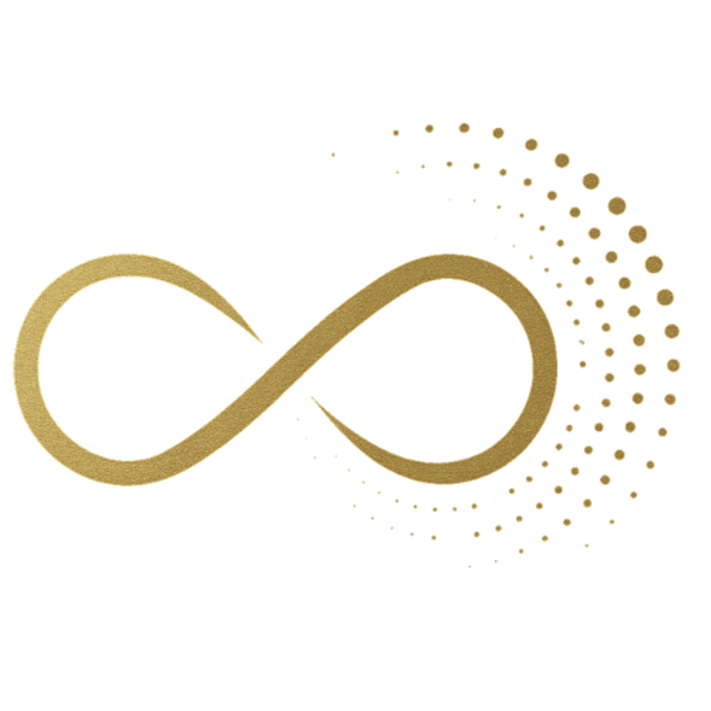 Goldenes Unendlichkeitszeichen, das rechts in Punkte zerfällt.