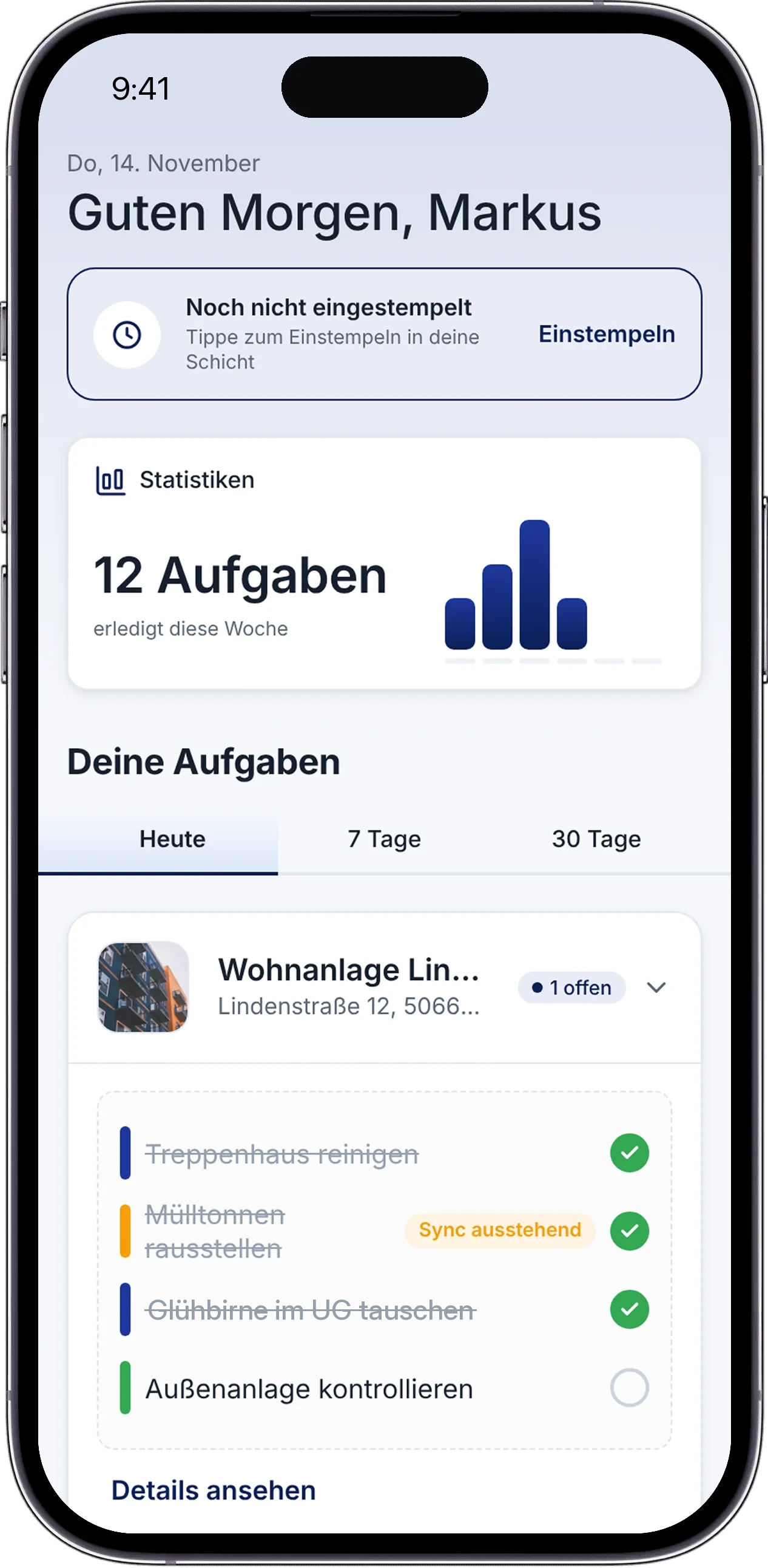 HausmeisterPro Tagesplan: originale App-Ansicht mit Aufgaben und Wochenübersicht