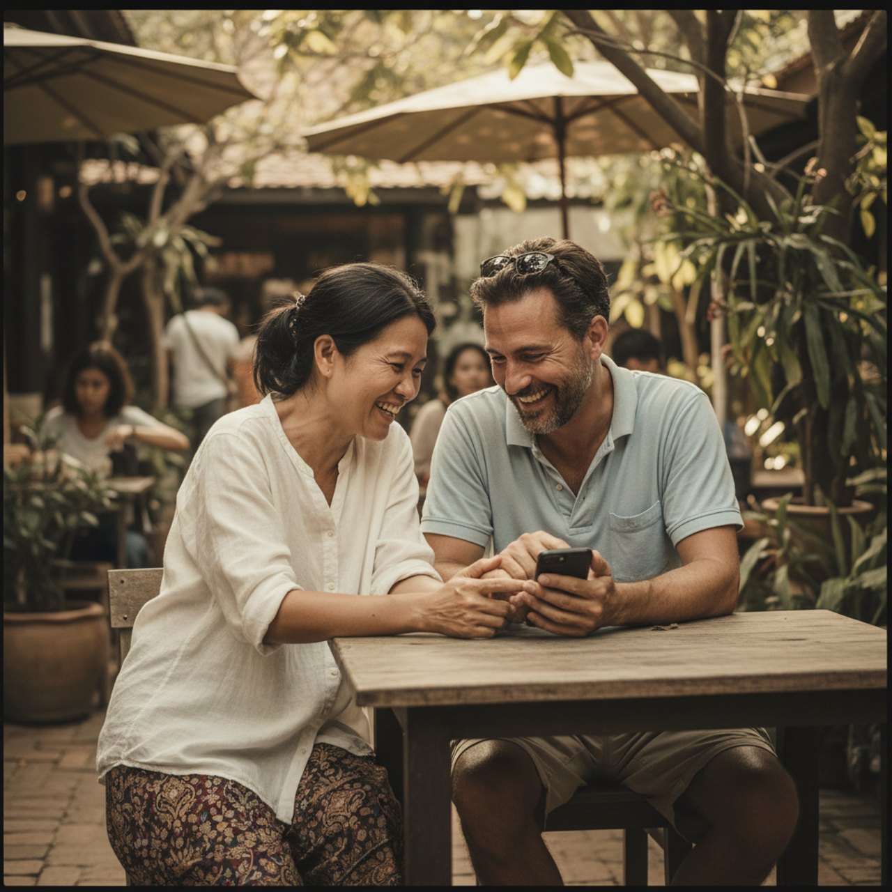 Sharing a phone screen at a cafe in Chiang Mai