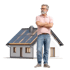 Mann mit Bart und Brille, verschränkte Arme, steht vor einem Haus mit Solarmodulen auf dem Dach.
