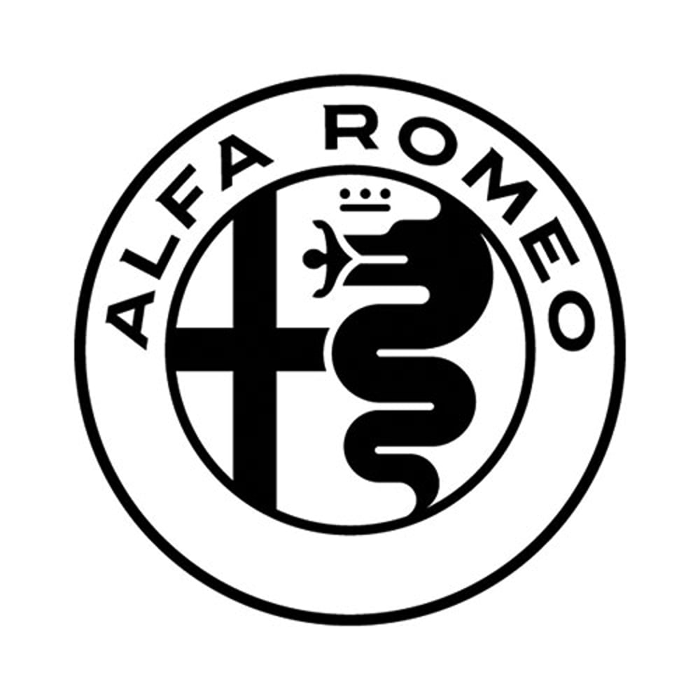 Alfa Romeo Logo: Schwarzer Kreis mit Kreuz und Schlange, darüber "ALFA ROMEO".