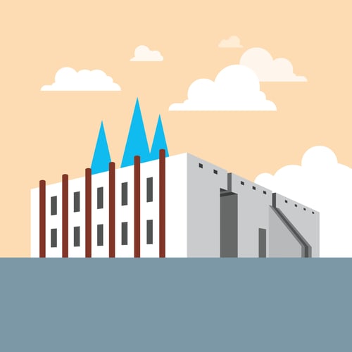 Illustration der Bundeskunsthalle in Bonn mit blauen Lichtkegeln auf dem Dach