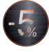 Runder, gebürsteter Metallbutton mit orangefarbenem Rand und der Aufschrift „-5%“ in Silber.