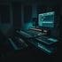Close detail of a studio desk with console and screens