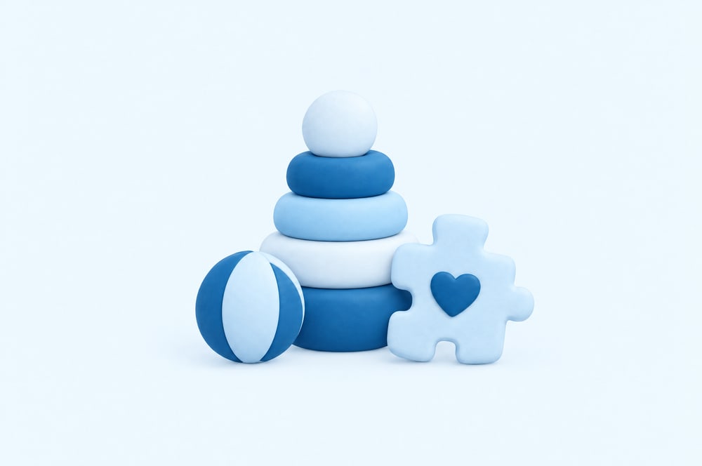 Illustration: Stapelturm, Ball und Puzzleteil mit Herz