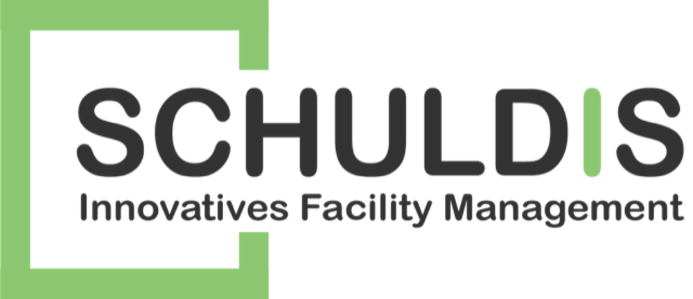 Logo von SCHULDIS Innovatives Facility Management, mit einem hellgrünen Quadratrahmen um die Buchstaben "SCH".