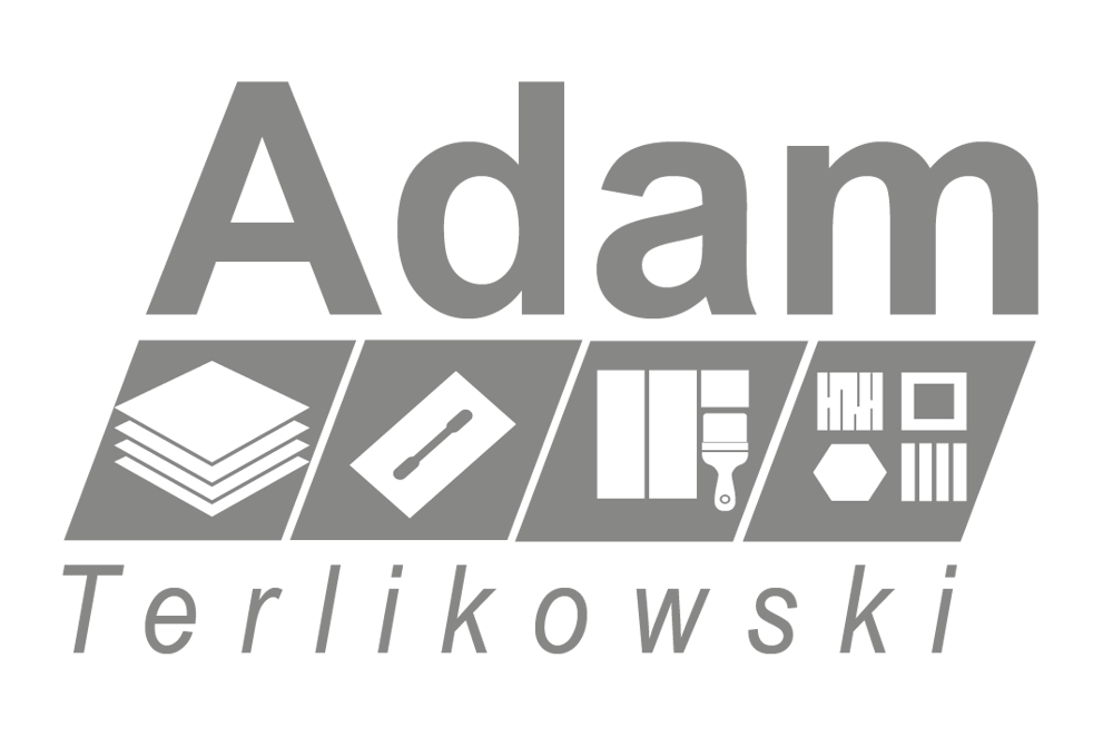 Adam Terlikowski Logo mit Symbolen für Fliesen, Kelle, Werkzeuge und Muster.