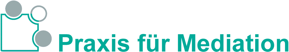 Logo der Praxis für Mediation mit zwei grauen Kreisen, einem grauen Ring und türkisen Verbindungslinien auf grünem Hintergrund.