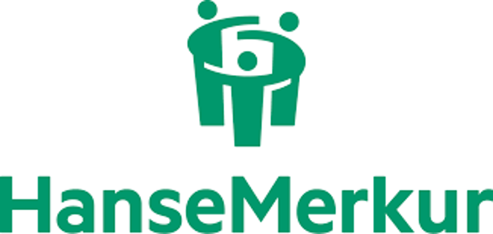 Grünes HanseMerkur Logo mit umarmenden stilisierten Figuren, die eine Familie darstellen.