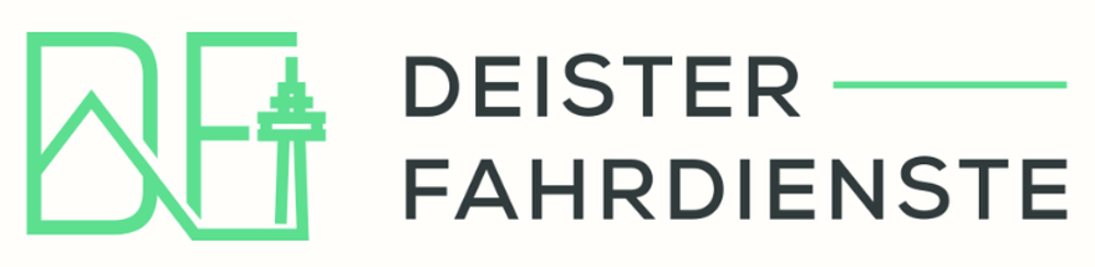 Grünes Logo: stilisiertes Haus und Fernsehturm, daneben Text "DEISTER FAHRDIENSTE" und ein Strich.